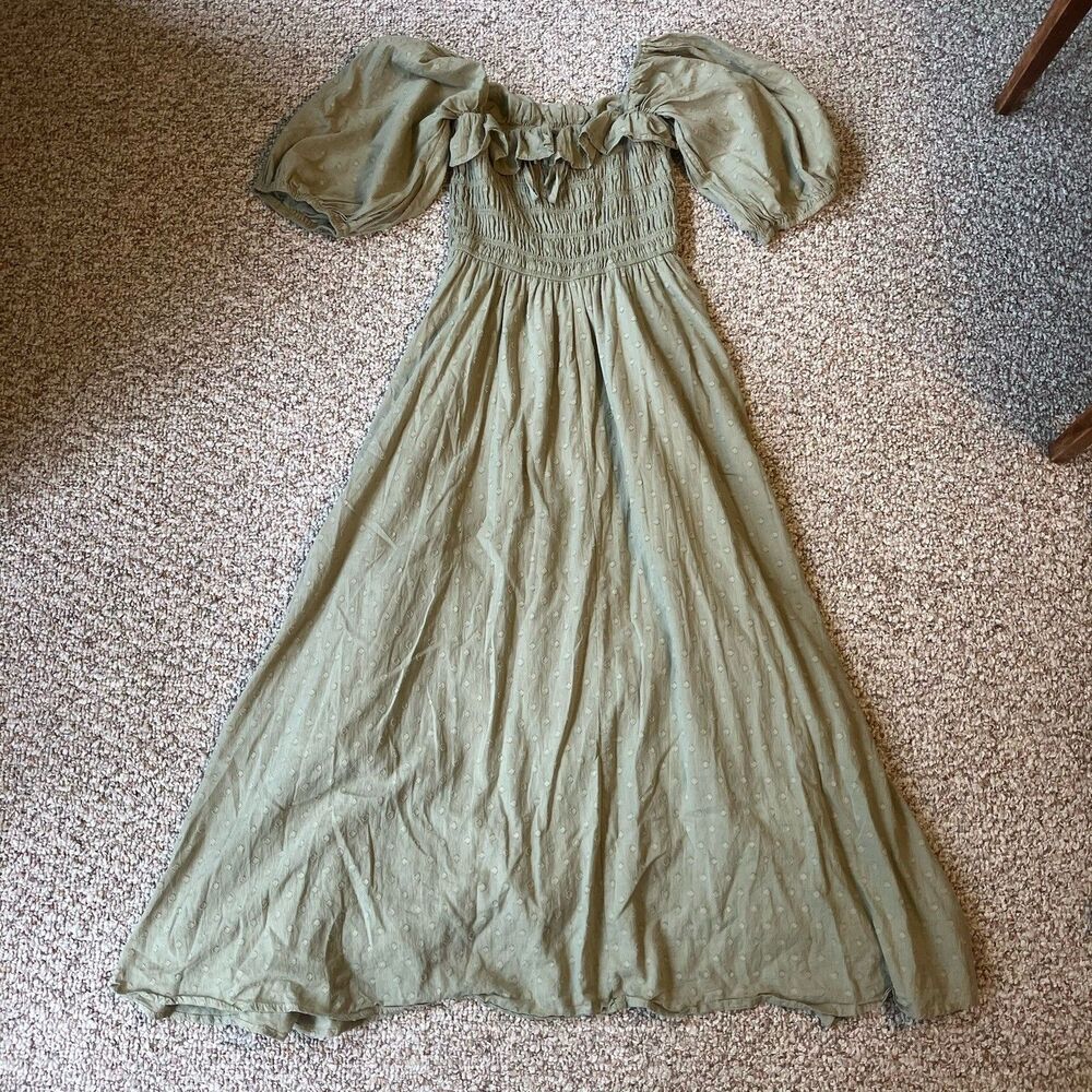 Green Peasant Maxi Dress Milkmaid Coquette Womens Size XS R Vivimos Puff Sleeve